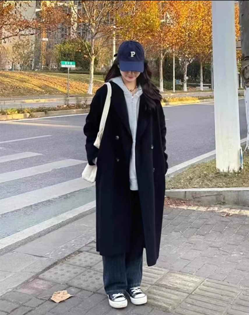 YH-66702大码胖mm冬季厚黑色加棉大衣长款通勤风外套2025冬新款