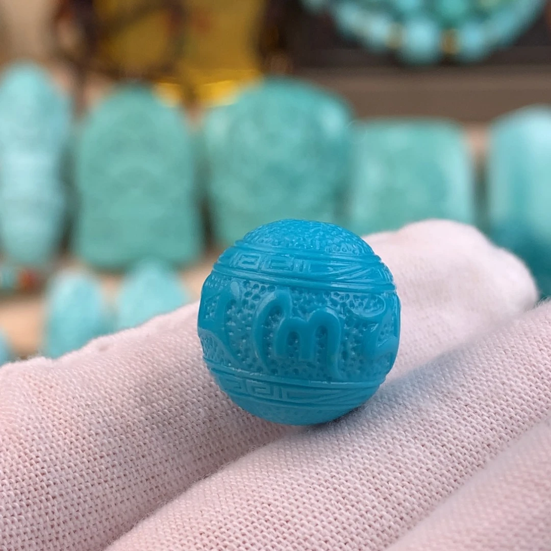 绿松石未镶嵌六字箴言圆珠卡15.5