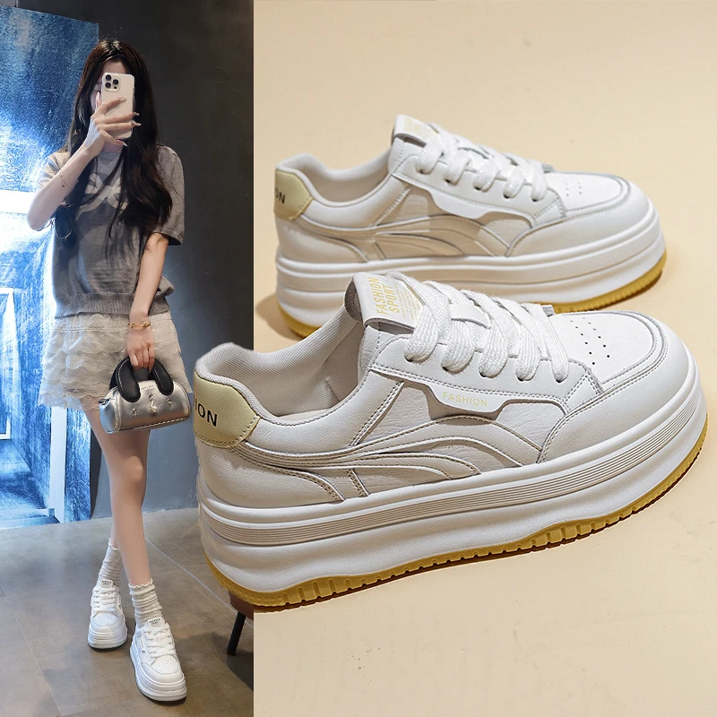 2025透气厚底5公分小白鞋增高小个子夏季新款百搭皮面透气超火