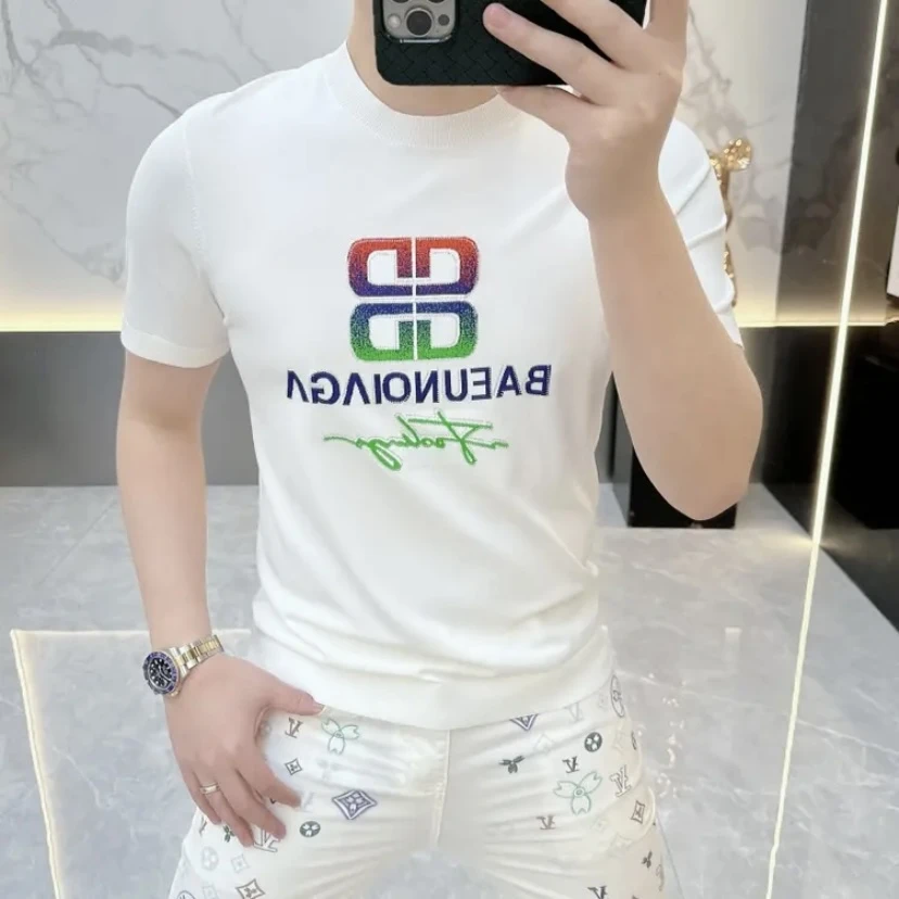 冰丝高级感男装圆领T恤时尚纯色印花潮牌修身男士短袖2025潮款t恤