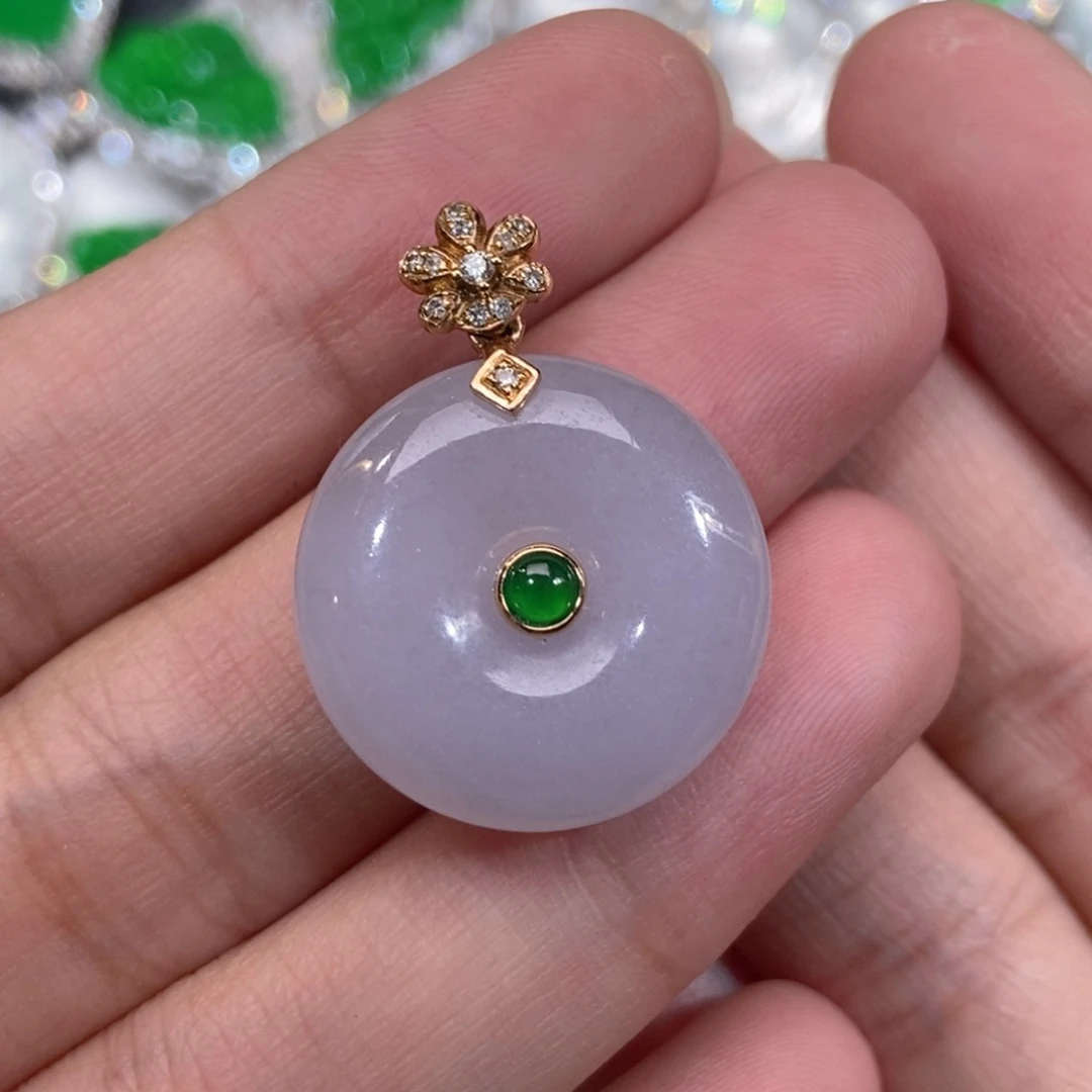 翡翠18K金镶嵌吊坠(不含链)天然缅甸A货翡翠