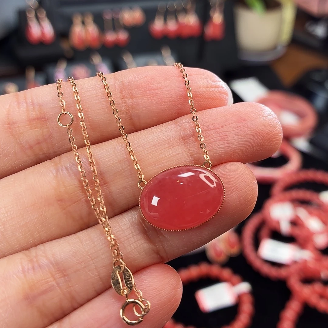 菱锰矿（红纹石）18K金镶嵌项链