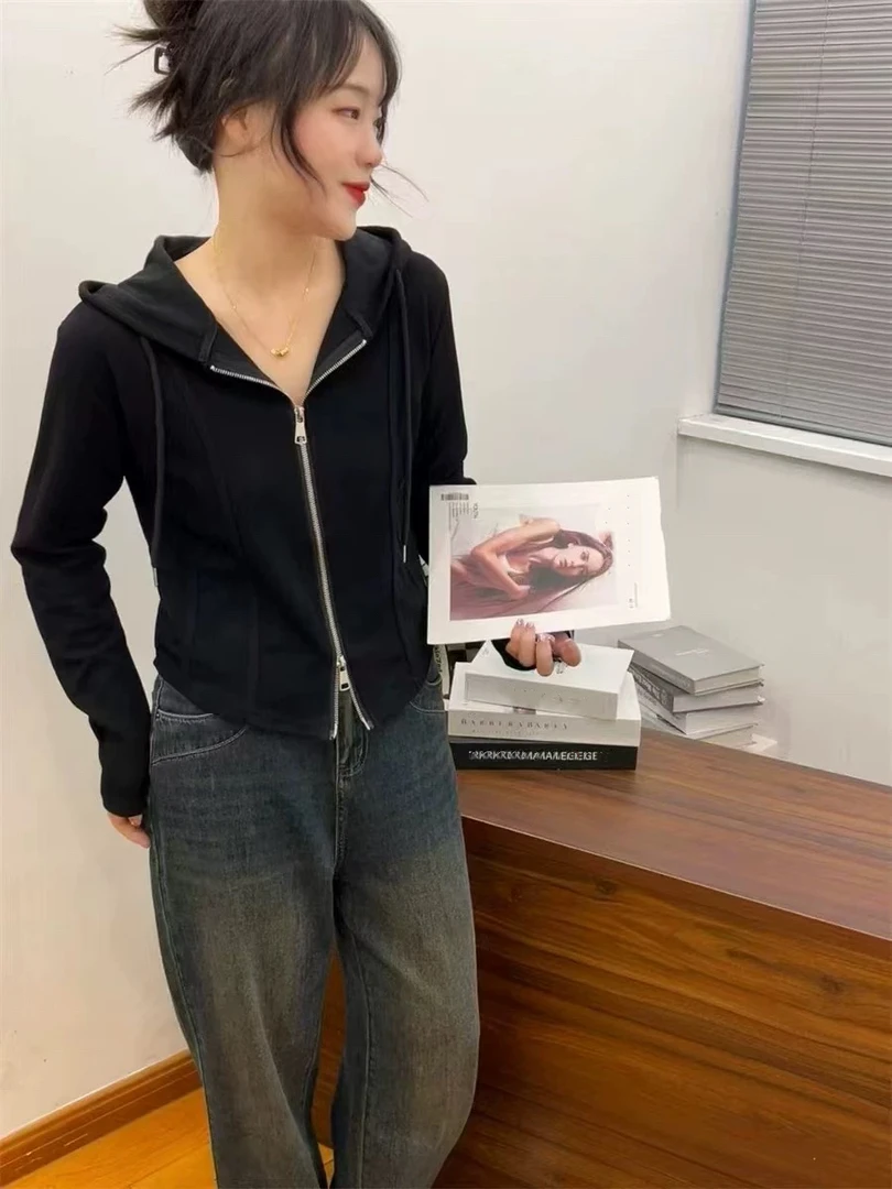 【8087】伊#双拉链连帽修身开衫上衣