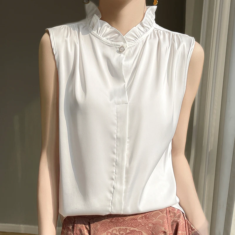 【轻奢百搭】夏季洋气木耳领花边无袖T恤缎面百搭外穿女背心打底