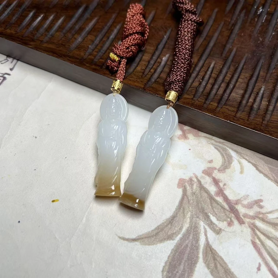 【北野珠宝】天然和田玉糖白观音吊坠B183H-305多样性发一45x13x8mm