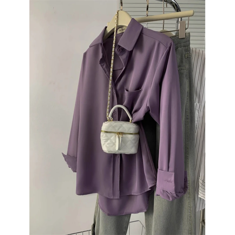 早春韩版垂感休闲缎面衬衫女复古港味高级感简约叠穿长袖打底衬衣