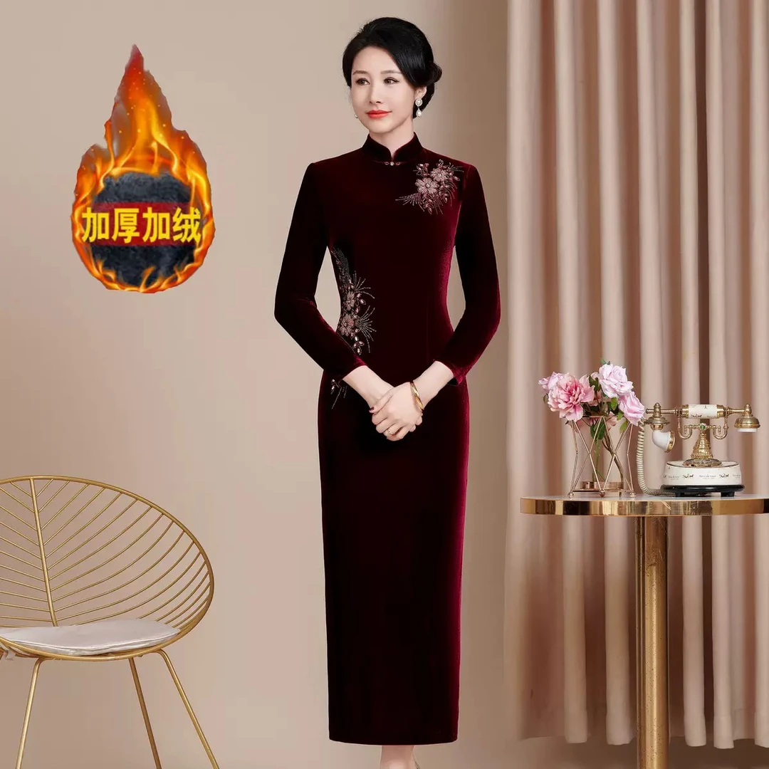 加绒2025秋冬韩国绒【长款+中款】修身旗袍喜婆婆妈妈婚宴礼服日常M