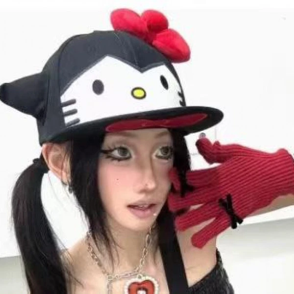 原创恶搞kitty刺绣帽蝴蝶结帆布拼接街头嘻哈可调节帽子童趣礼物