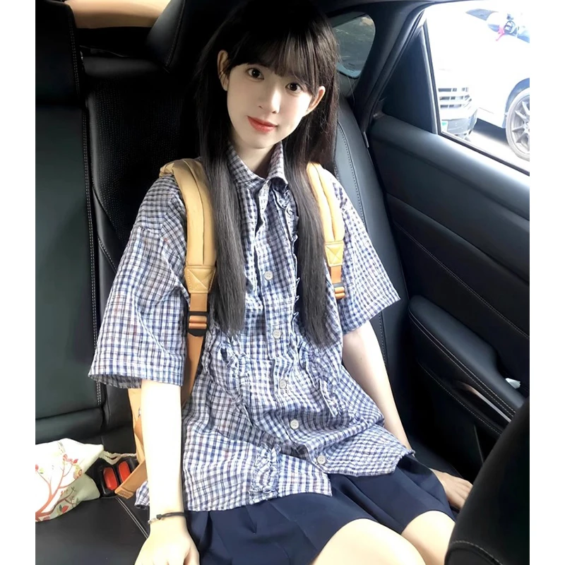日系格子短袖衬衫女2025年夏季新款复古学院风格纹木耳边衬衫短袖