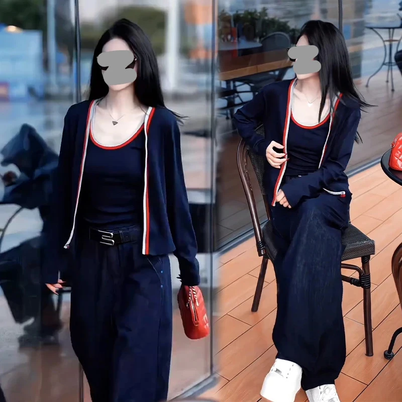 撞色背心开衫两件套女2025秋季新款韩版时尚修身显瘦洋气百搭上衣
