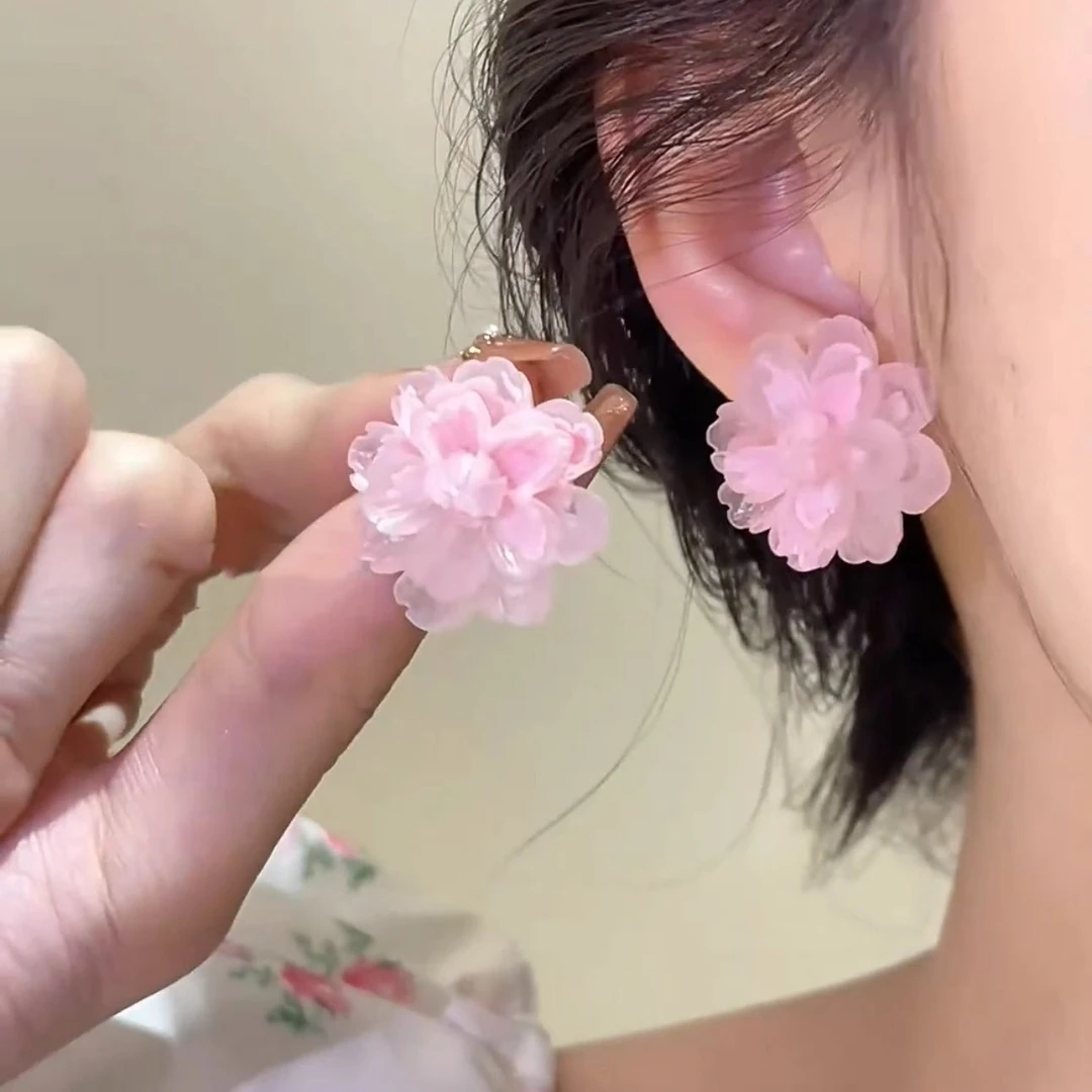 合金亚克力耳饰 粉色花朵耳钉女爆款甜美气质百搭耳环Z3055