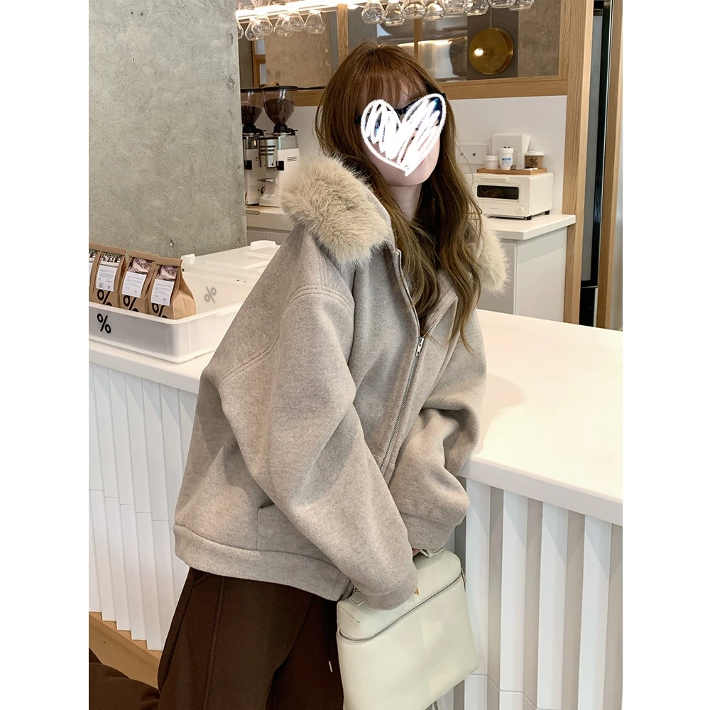 燕麦色连帽可拆卸毛领加绒外套女2025秋冬季休闲卫衣开衫显瘦上衣