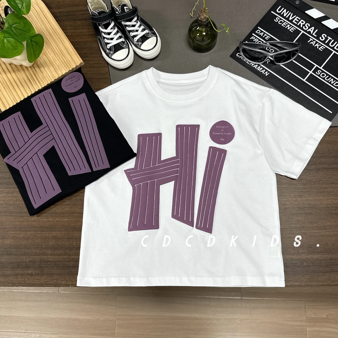 川度2515儿童夏季短袖T恤宽松植绒印花男女童半袖圆领上衣