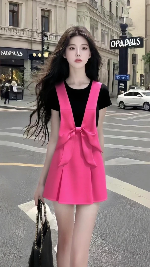 时尚新款黑色圆领短袖+玫红色设计感两件套女气质显瘦高级感女装