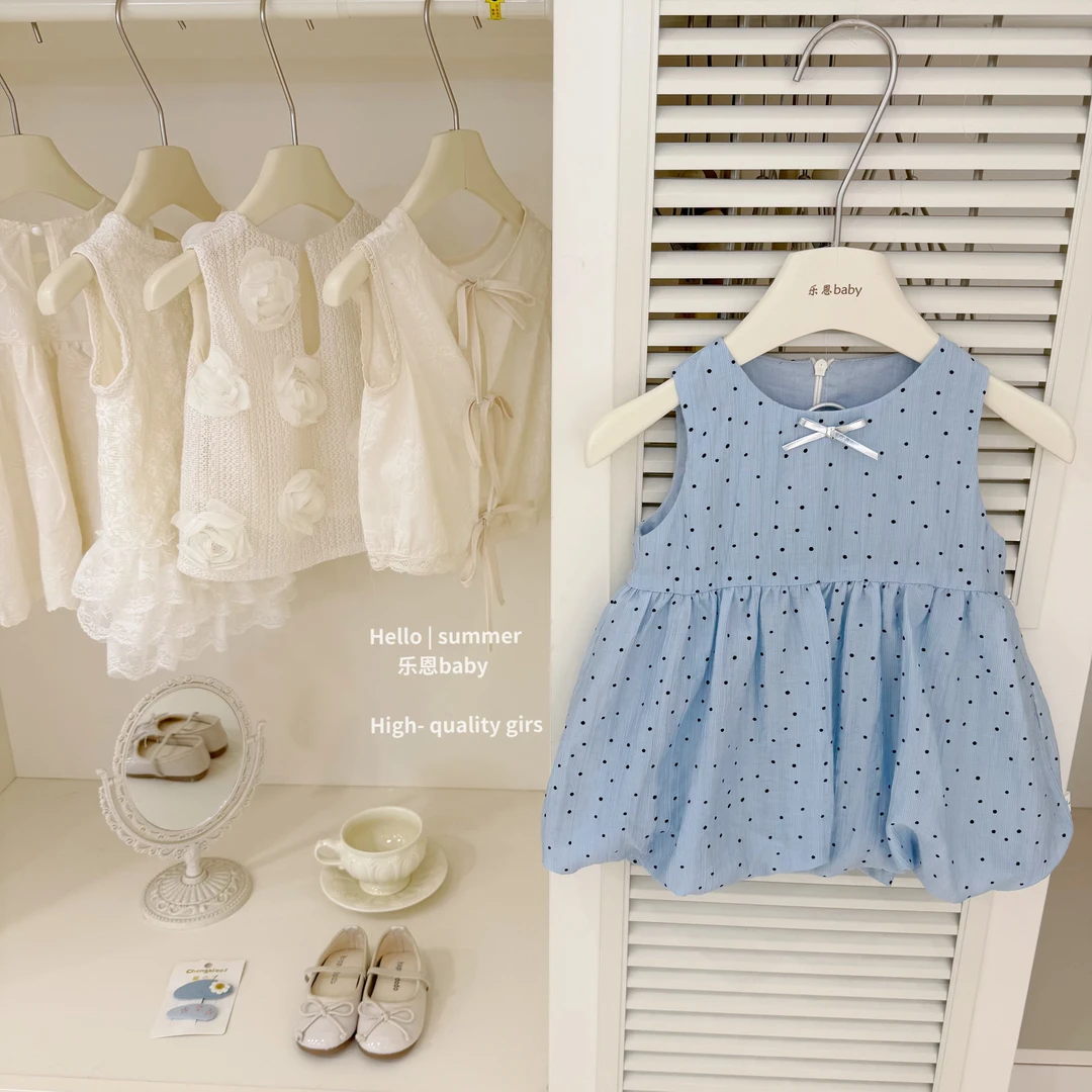 【乐恩童装】原创高级感！女童夏季蓝色波点花苞裙甜美公主连衣裙