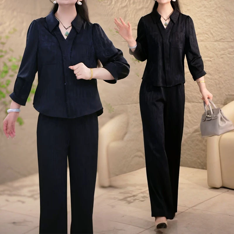 时尚套装女2025早秋新款时髦洋气休闲显瘦长袖衬衫+直筒裤两件套