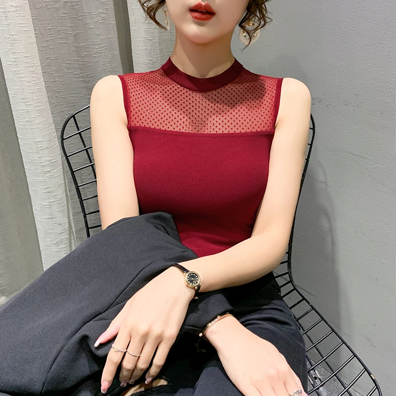 蕾丝背心吊带无袖修身型高领网纱打底背心时尚法式