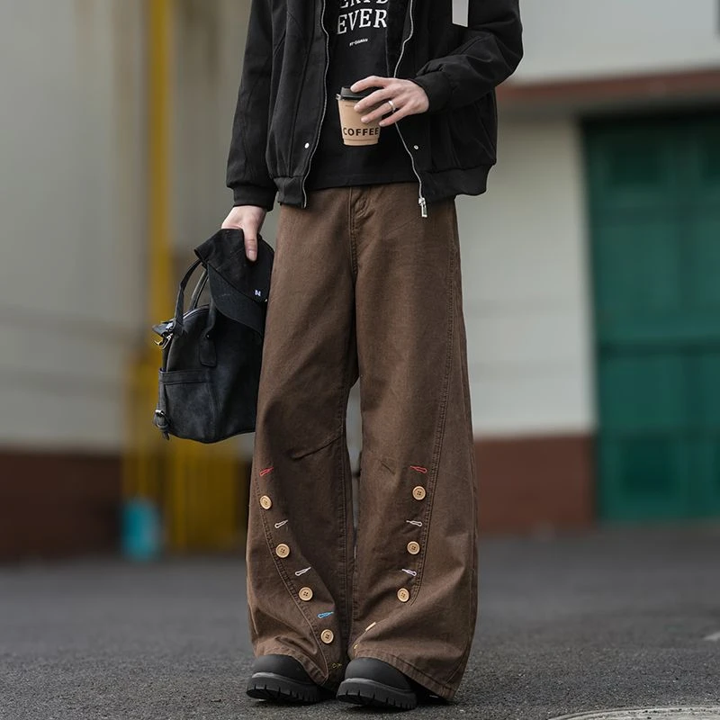 2026新款美式复古多排扣男女春秋季潮牌斜切休闲裤情侣百搭阔腿裤