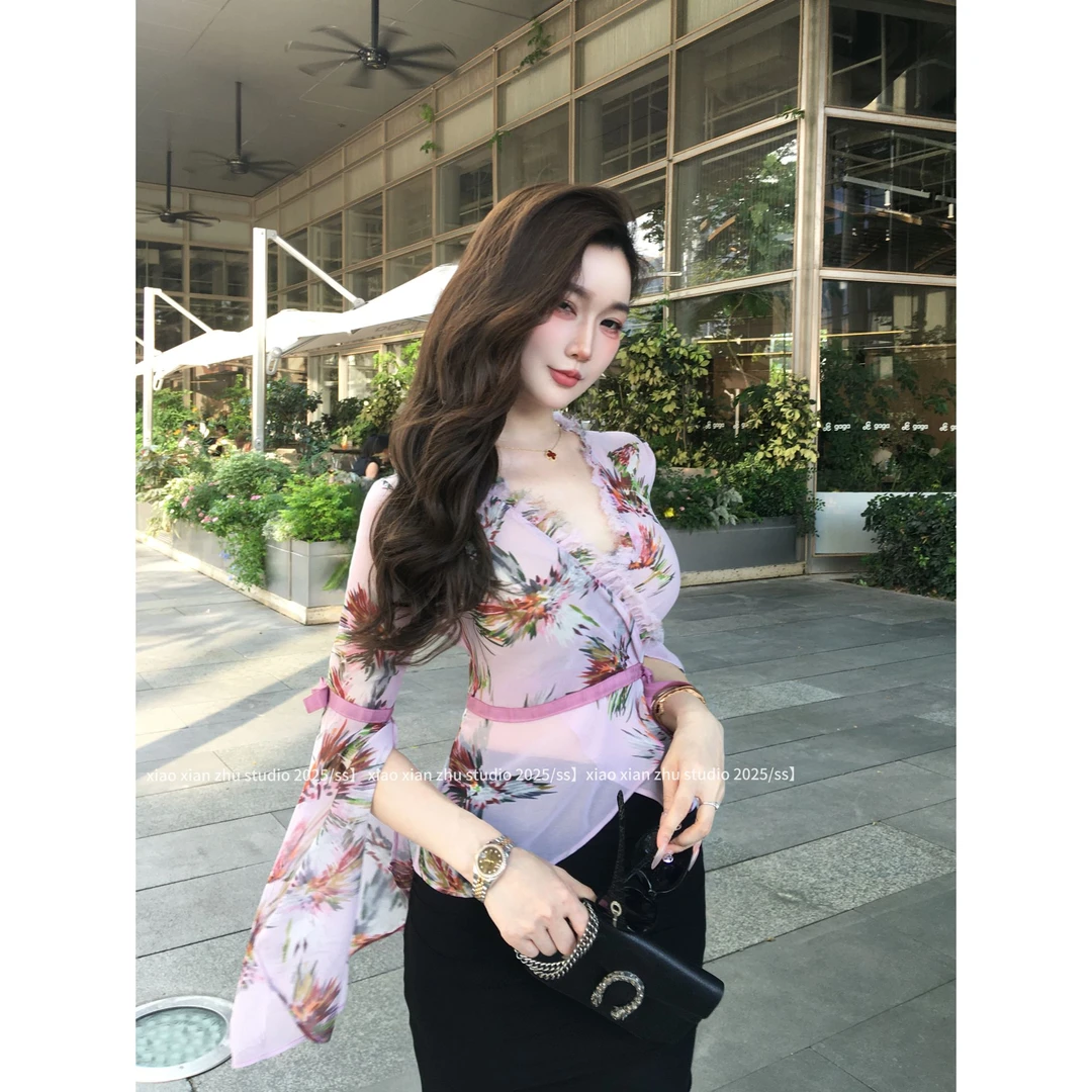 XXZHU【紫袖流仙】夏季V领绑带裹身衬衫高级感雪纺衫ZZ-867