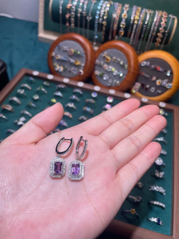 紫水晶方切耳坠，时尚简约百搭