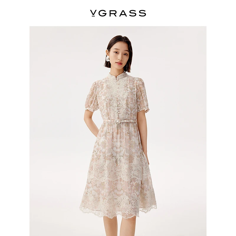 VGRASS定位印花叠绣连衣裙25夏季新款12MM乔其收腰裙子VSL2Q2611C