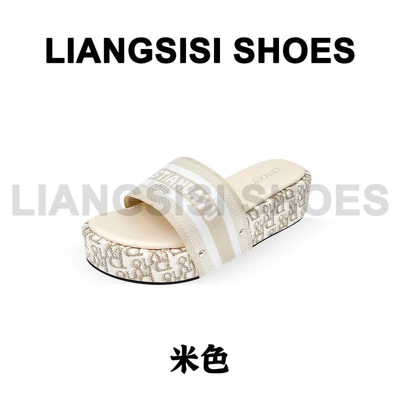 【大提花刺绣】梁思思SHOES新款字母刺绣沙滩厚底一字拖-9915