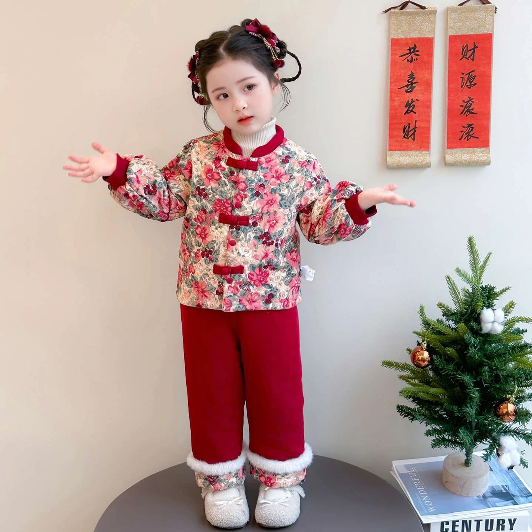 汉服女童加绒国风套装冬季儿童中式拜年八个宝宝衣服女宝冬季套装