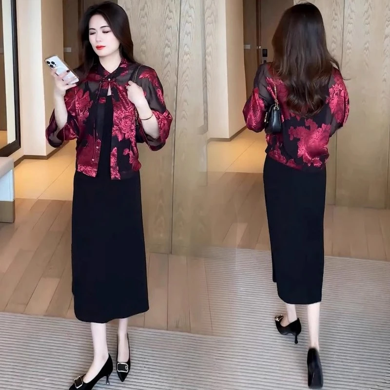 新中式印花长袖衬衫女春秋新款百搭洋气打底衬衣国风盘扣立领上衣