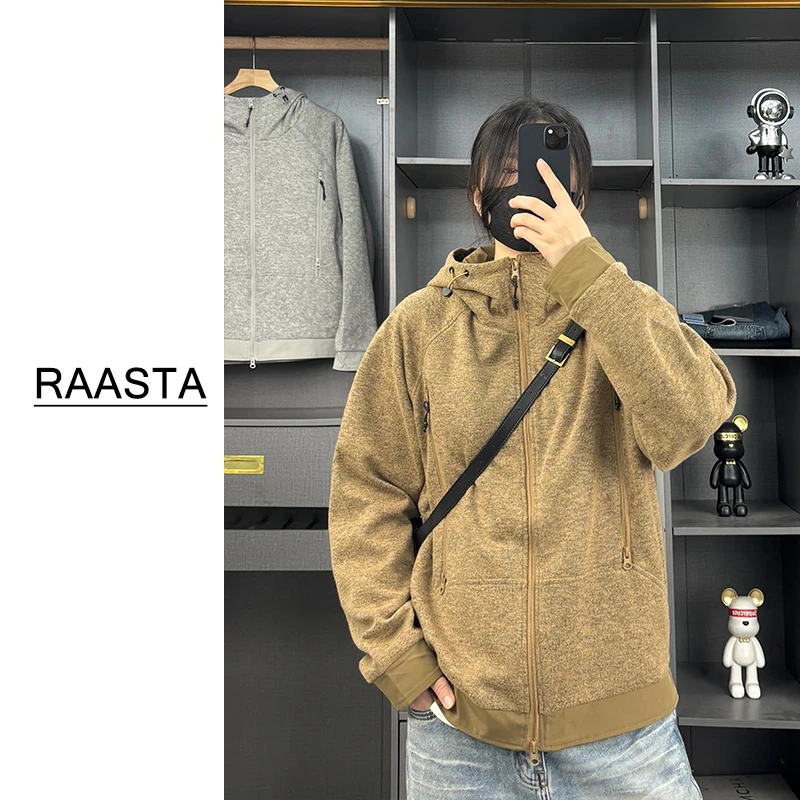 【原创设计】高工艺帅气秋季外套男宽松个性连帽冲锋衣式针织夹克潮