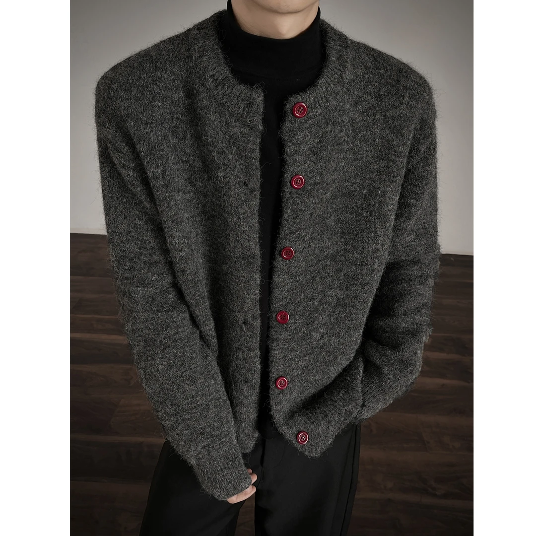 cleanfit无领针织开衫男秋季高级感复古老钱风毛衣外套宽松毛线衣