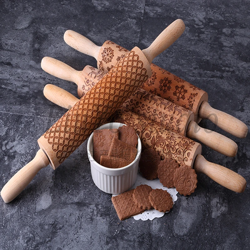 热卖圣诞节麋鹿印花擀面杖烙饼激光雕刻实木烘焙压花饼干道具