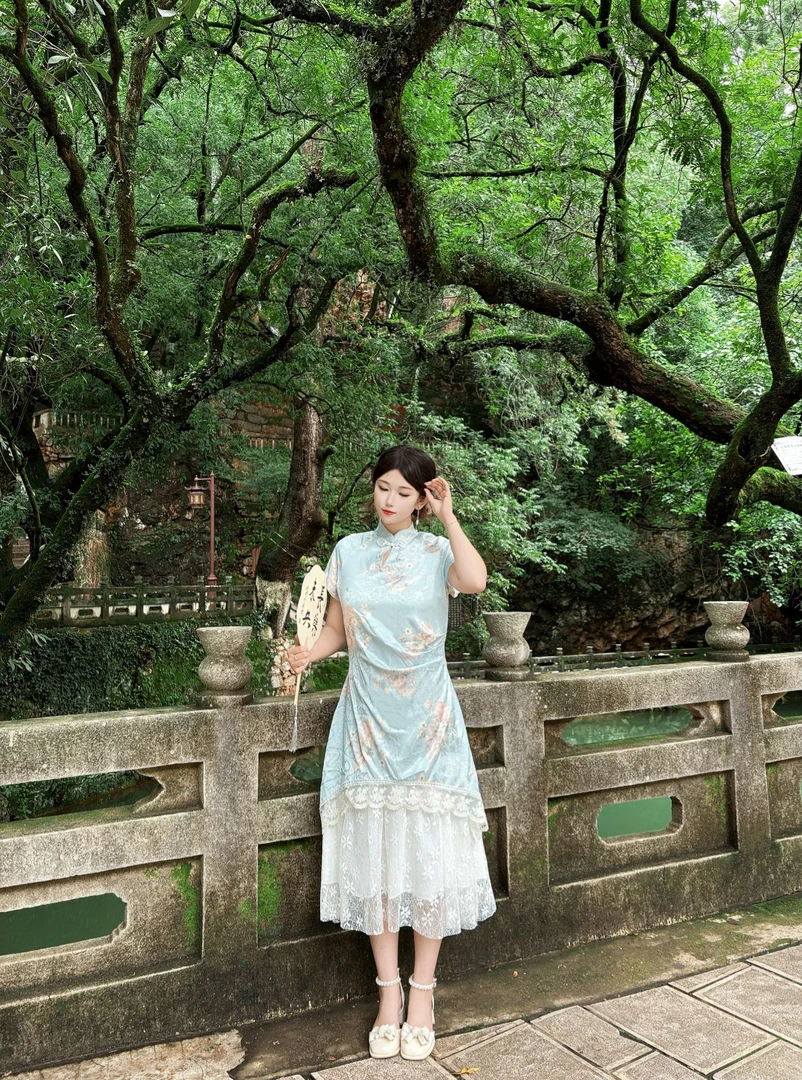 复古拼接葫芦扣新中式长裙旗袍印花中国风艺术气质风