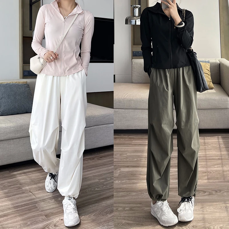 （原纱防晒工装裤女）夏季新品高腰显瘦美式宽松百搭抽绳束脚伞兵裤