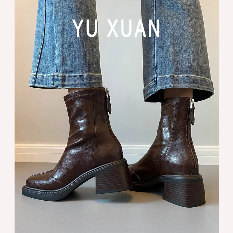 羊皮~小短靴女复古高跟马丁靴方头小众弹力靴秋冬粗跟软皮瘦瘦靴