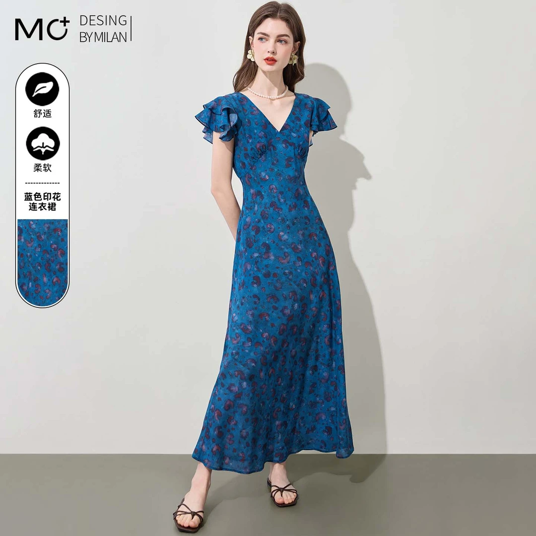 桑蚕丝印花修身法式长裙2025夏季新款真丝V领碎花飞飞袖连衣裙女