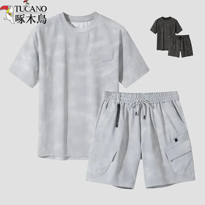 啄木鸟上衣高端男士休闲套装夏季新款运动冰丝短袖短裤薄款帅气搭