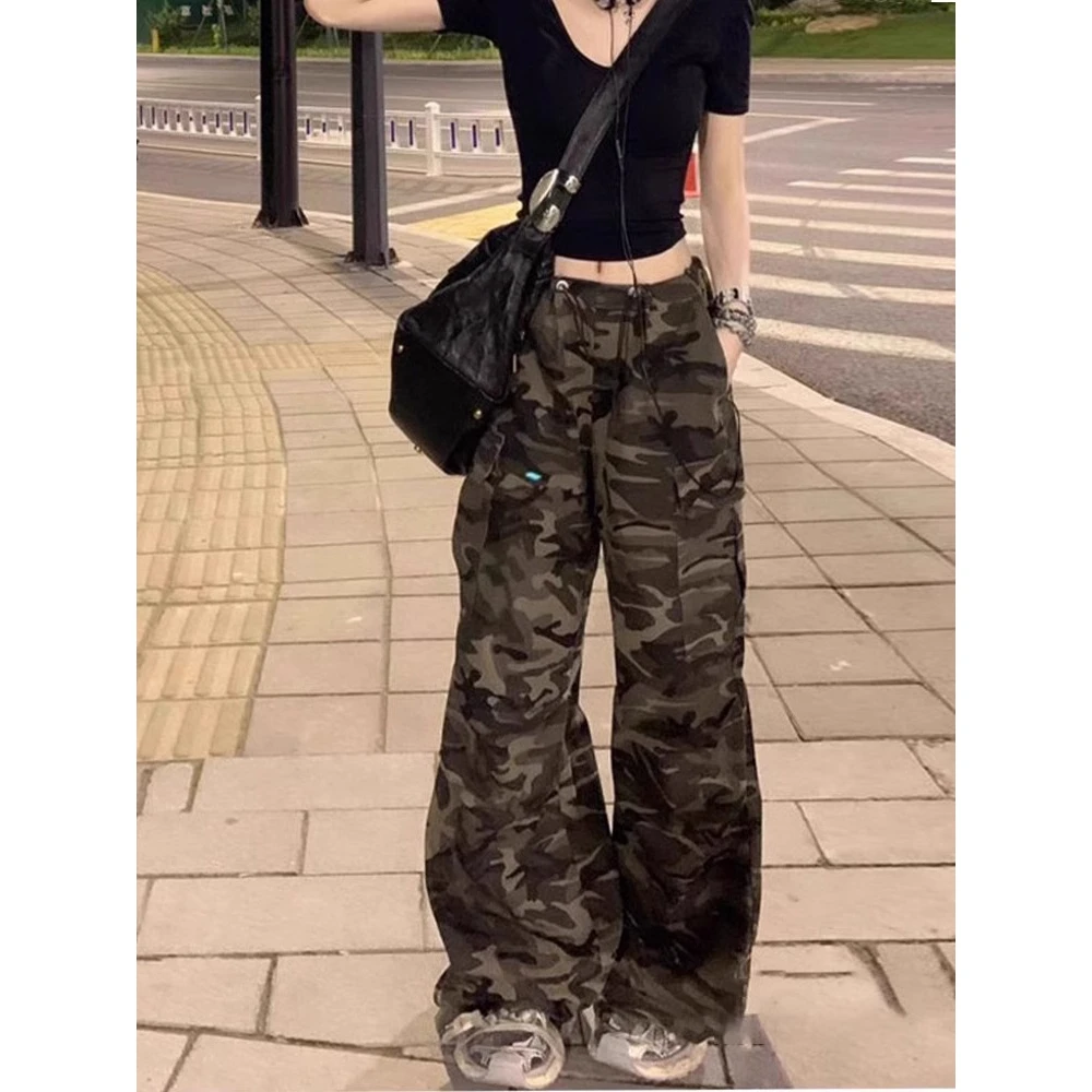 美式街头迷彩牛仔工装裤女新款抽绳宽松阔腿显瘦运动直筒休闲裤子