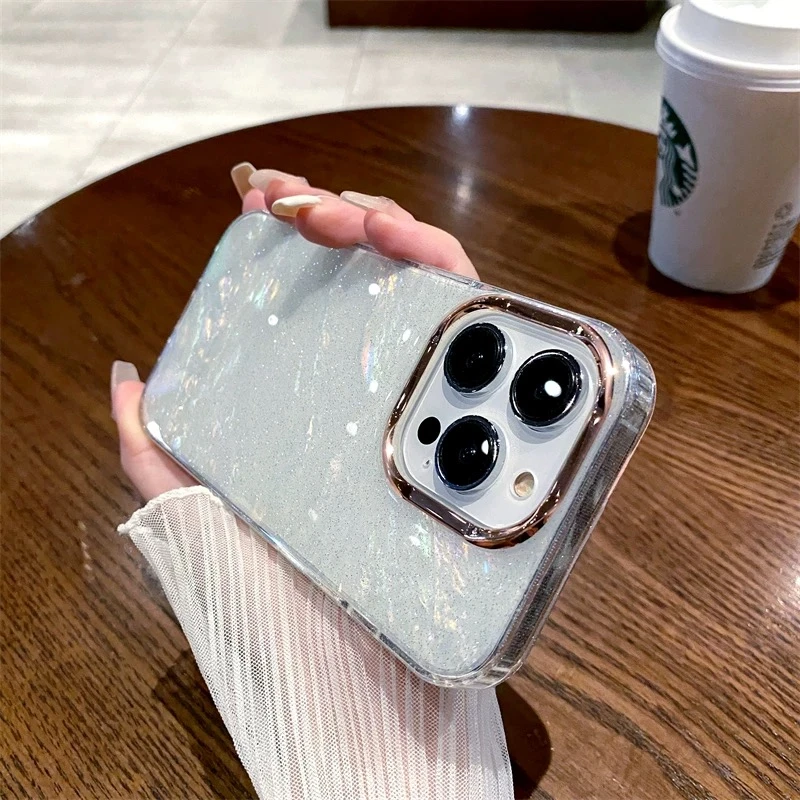 ins风闪粉贝壳纹适用iPhone14pro手机壳高级感苹果13promax新15女