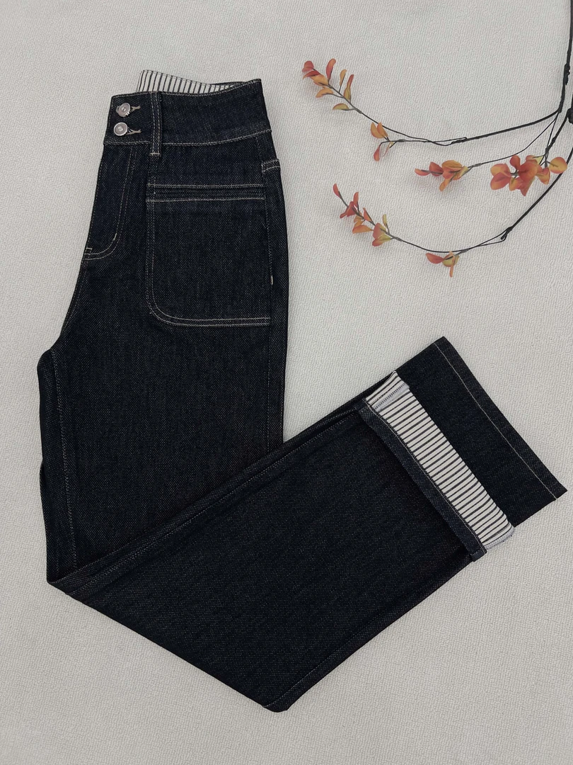 丹宁蓝条纹秋季新款高腰窄版阔腿直筒裤休闲显瘦女士牛仔裤7026