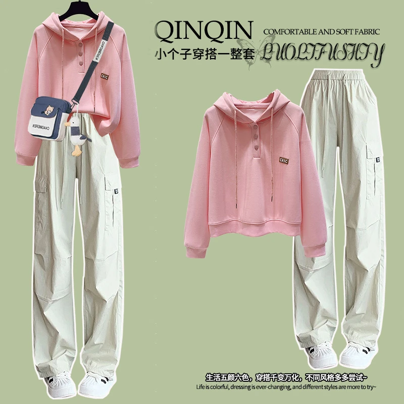 初中高中学生春秋套装女孩学院风时尚连帽长袖卫衣工装裤两件套潮
