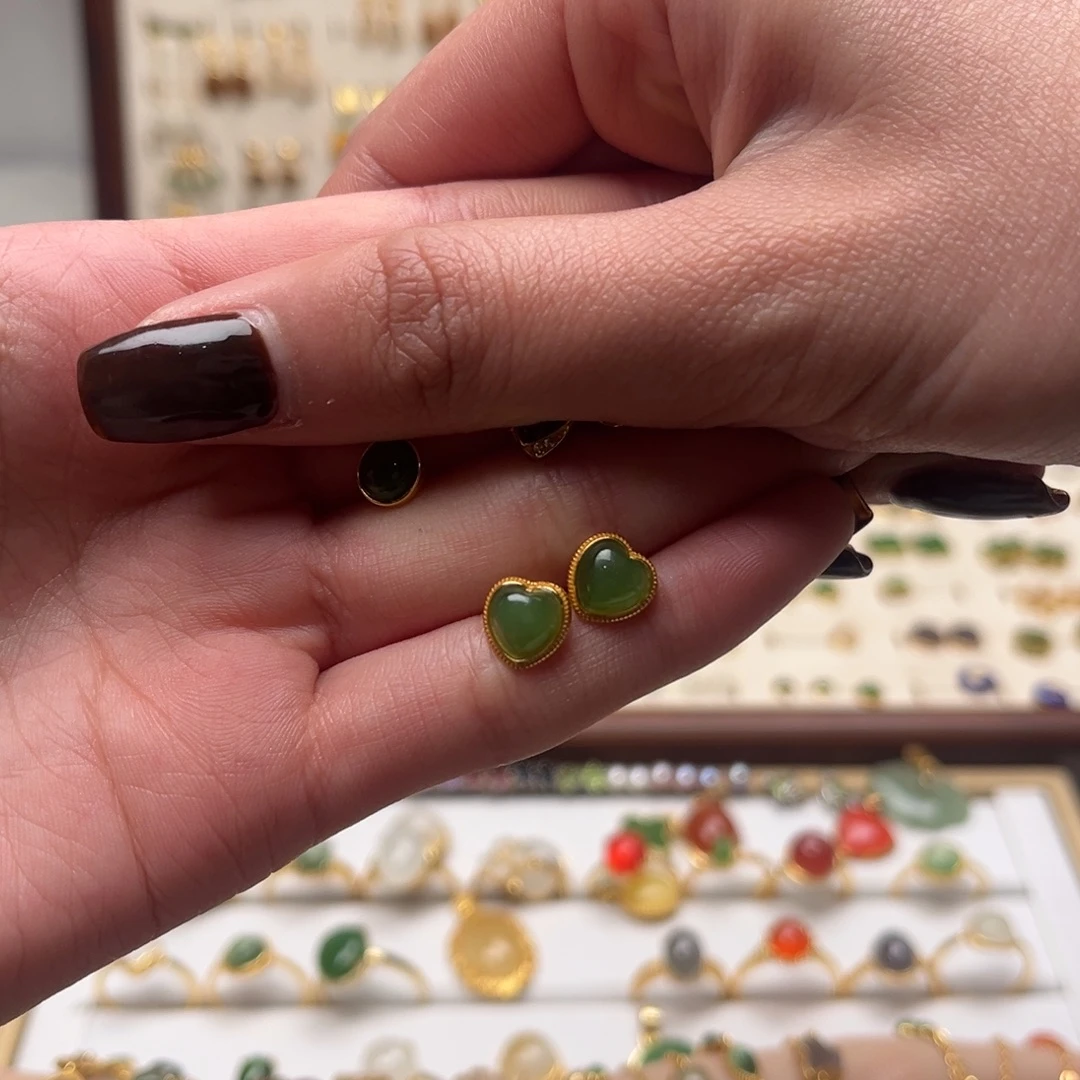 和田玉银S925镀金镶嵌耳坠