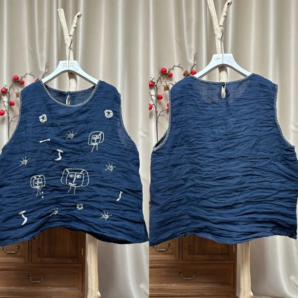 5201亚麻趣味刺绣民族风背心马甲（胸围126衣长65）