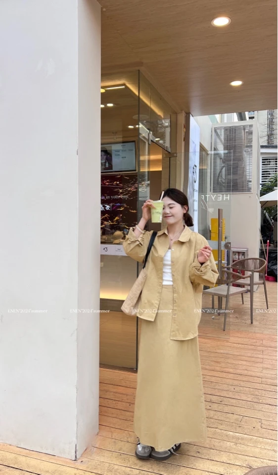 EE·韩风套装 显白韩系衬衫+松紧腰半身裙两件套套装