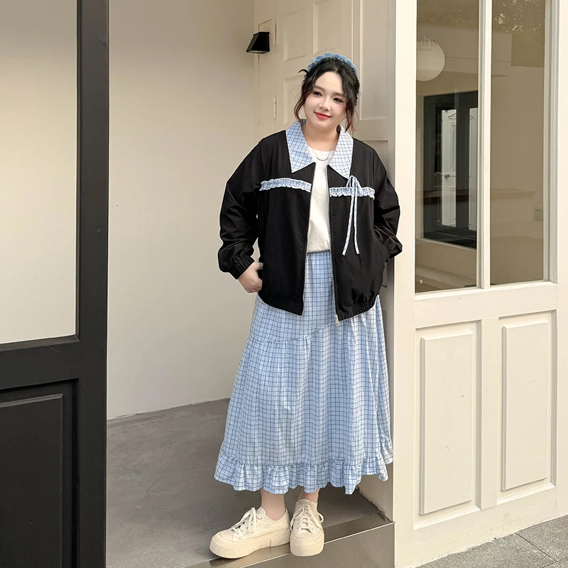 CC6350大码女装【韩系出街穿搭】撞色蝴蝶结外套格子半身裙显瘦套装