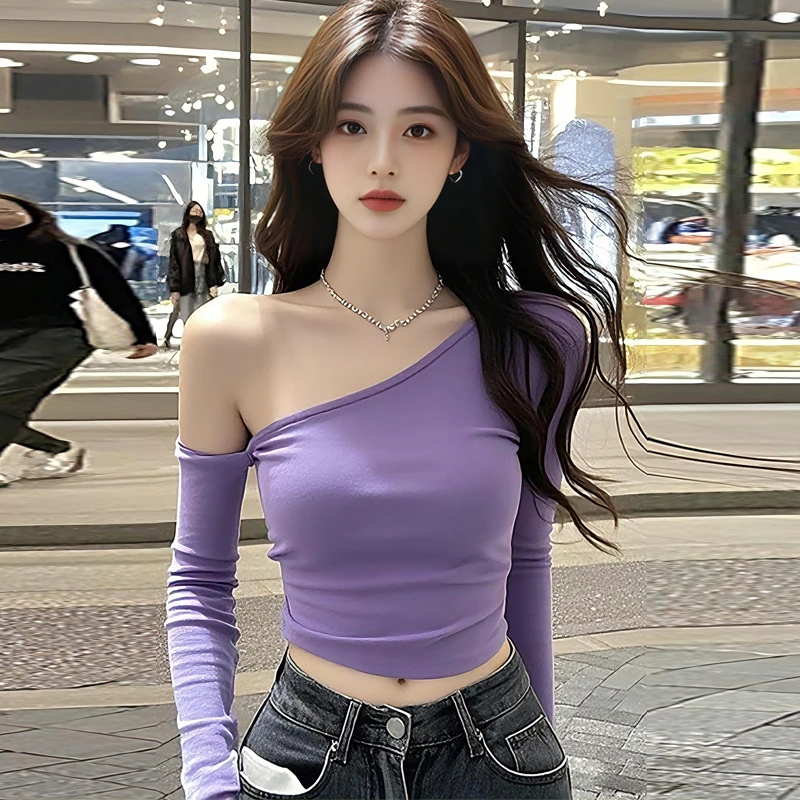 春秋新款设计感短款露肩性感上衣女辣妹轻熟风修身外搭拼接打底衫