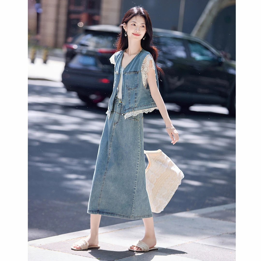 尚静丹宁风复古牛仔套装裙女2025夏季新款蕾丝拼接马夹高腰半身裙