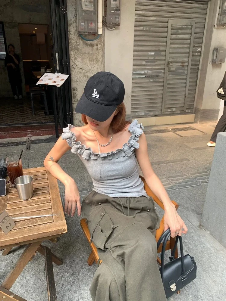 夏季小性感木耳边吊带棉T恤上衣（有弹力）