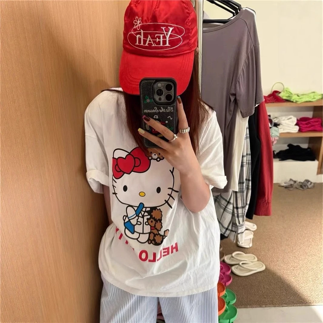 日系夏凯蒂猫印花半袖体恤上衣服纯棉短袖T恤衫女Kitty原宿风人物