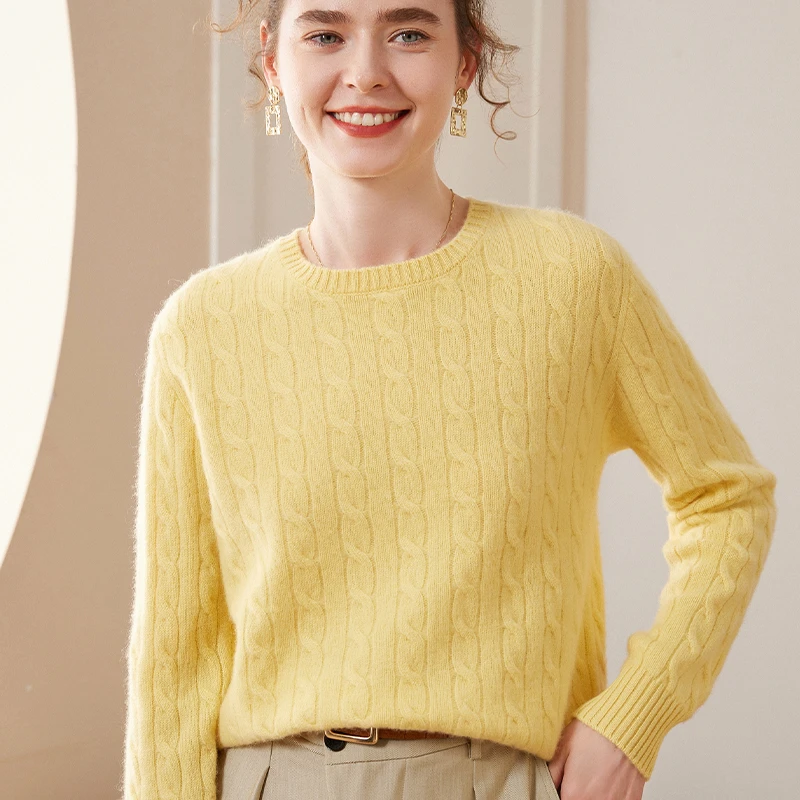 黄色圆领绞花羊绒衫气质宽松大码长袖针织毛衣时尚百搭女士羊毛衫
