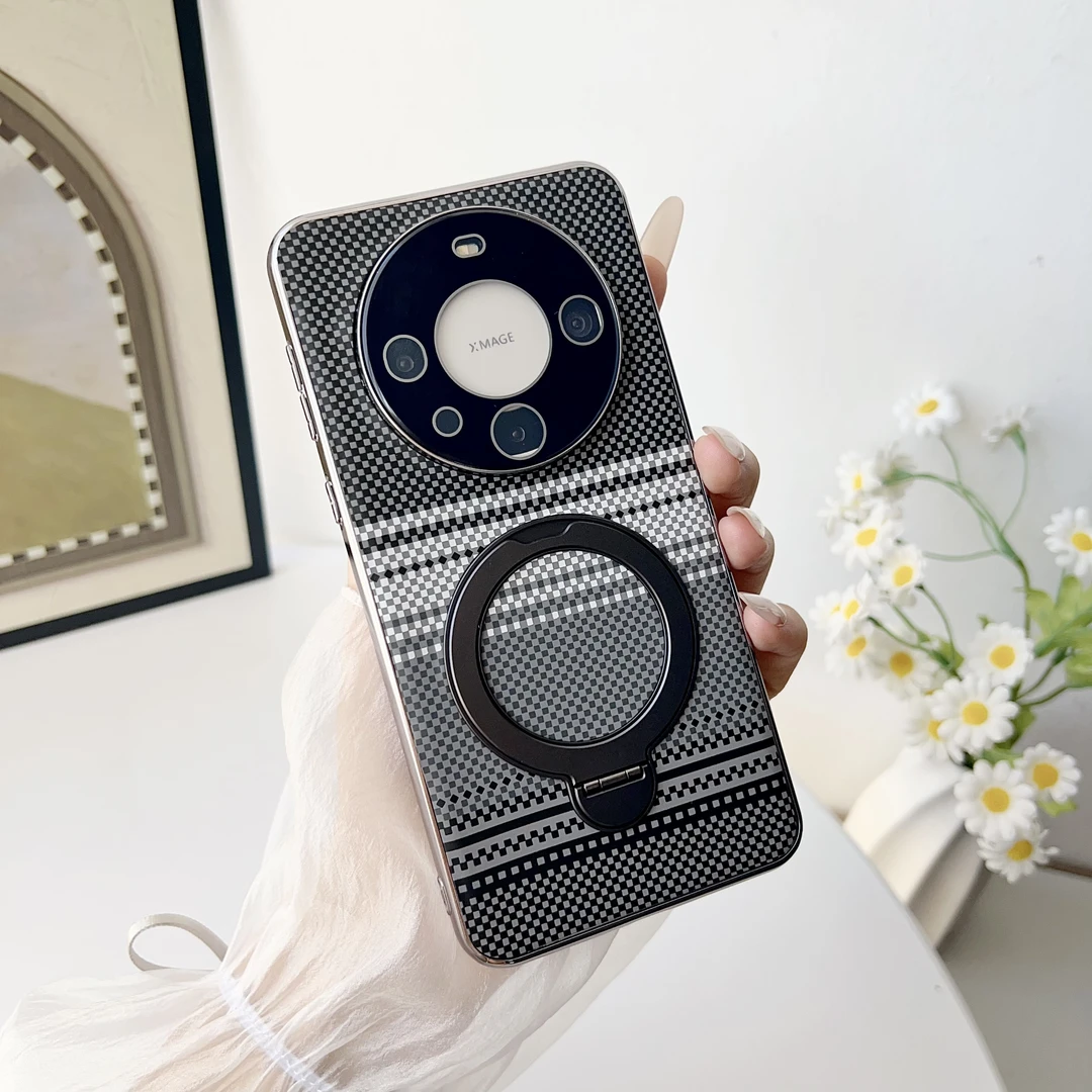 适用华为mate60手机壳凯夫拉纹磁吸旋转支架mate60pro+保护套防摔